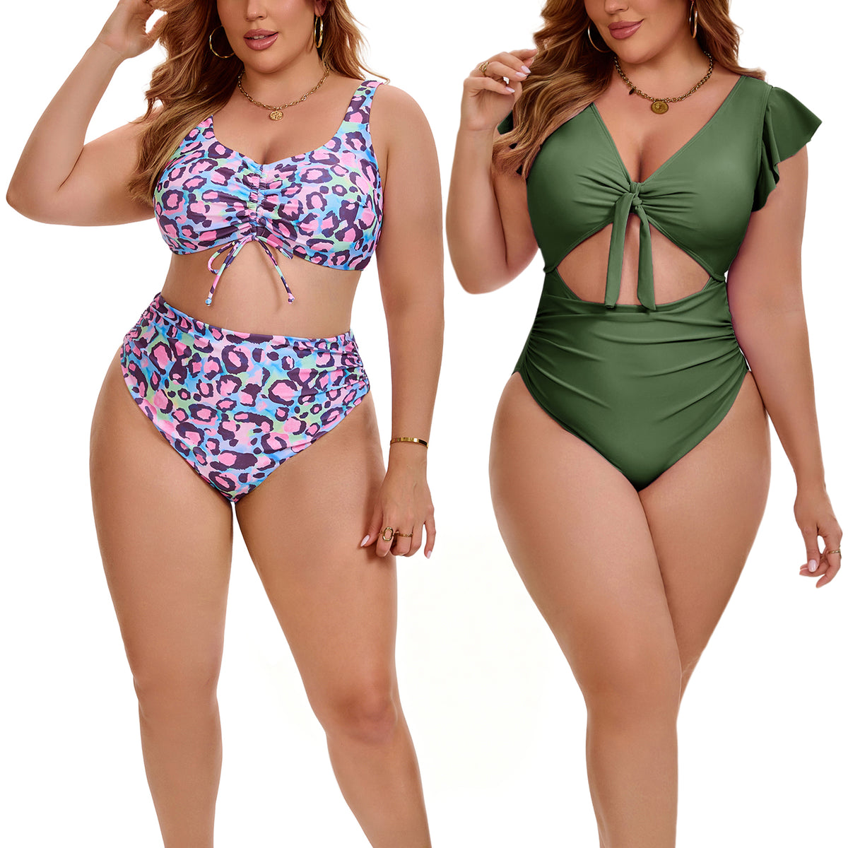 [PACK SALES] Women's Plus Size 2 Sets Bikini Drawstring Twist Front Push Up High Waisted Shirring Vacation Beach Swimsuit Set
