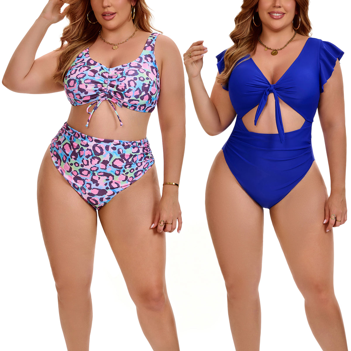 [PACK SALES] Women's Plus Size 2 Sets Bikini Drawstring Twist Front Push Up High Waisted Shirring Vacation Beach Swimsuit Set