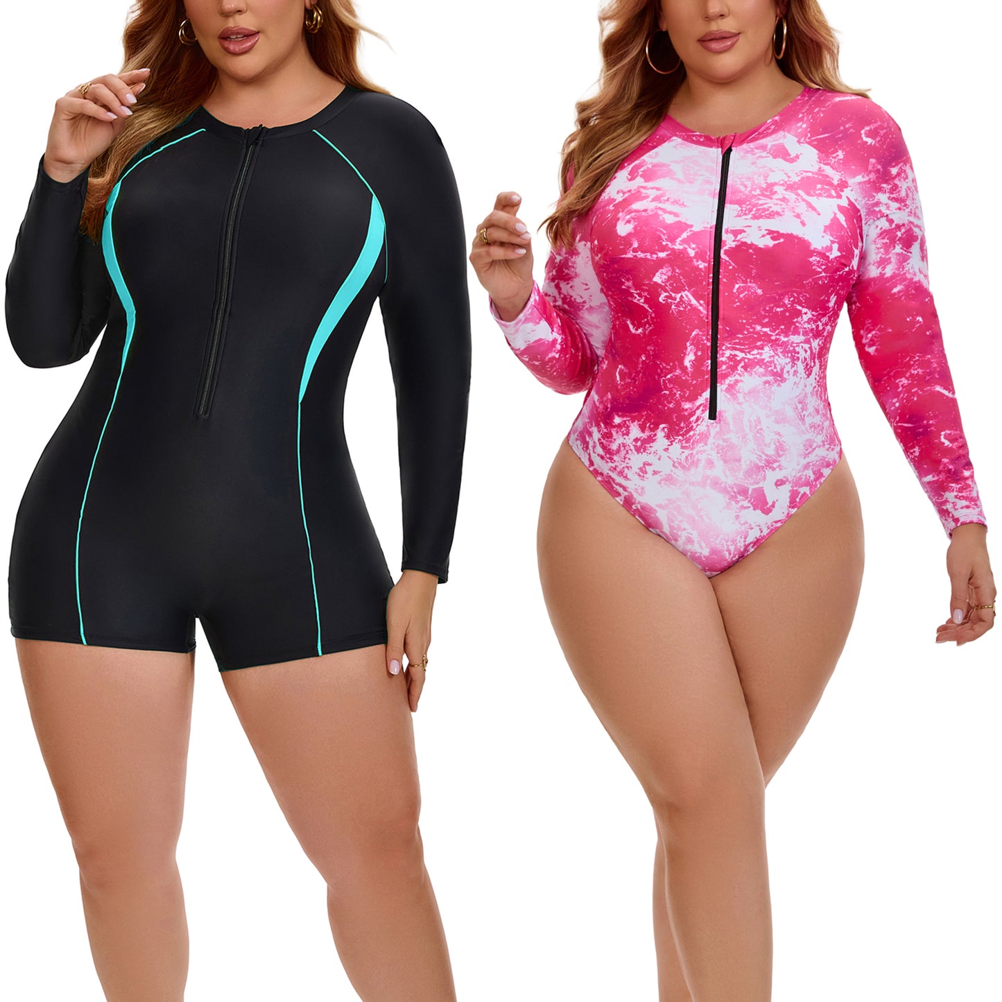 [PACK SALES] Women's Plus Size 2 Pieces Long Sleeve Surfing Bathing Suit Zip Front Rash Guard Beach Vacation Full Coverage One-Piece Swimsuits
