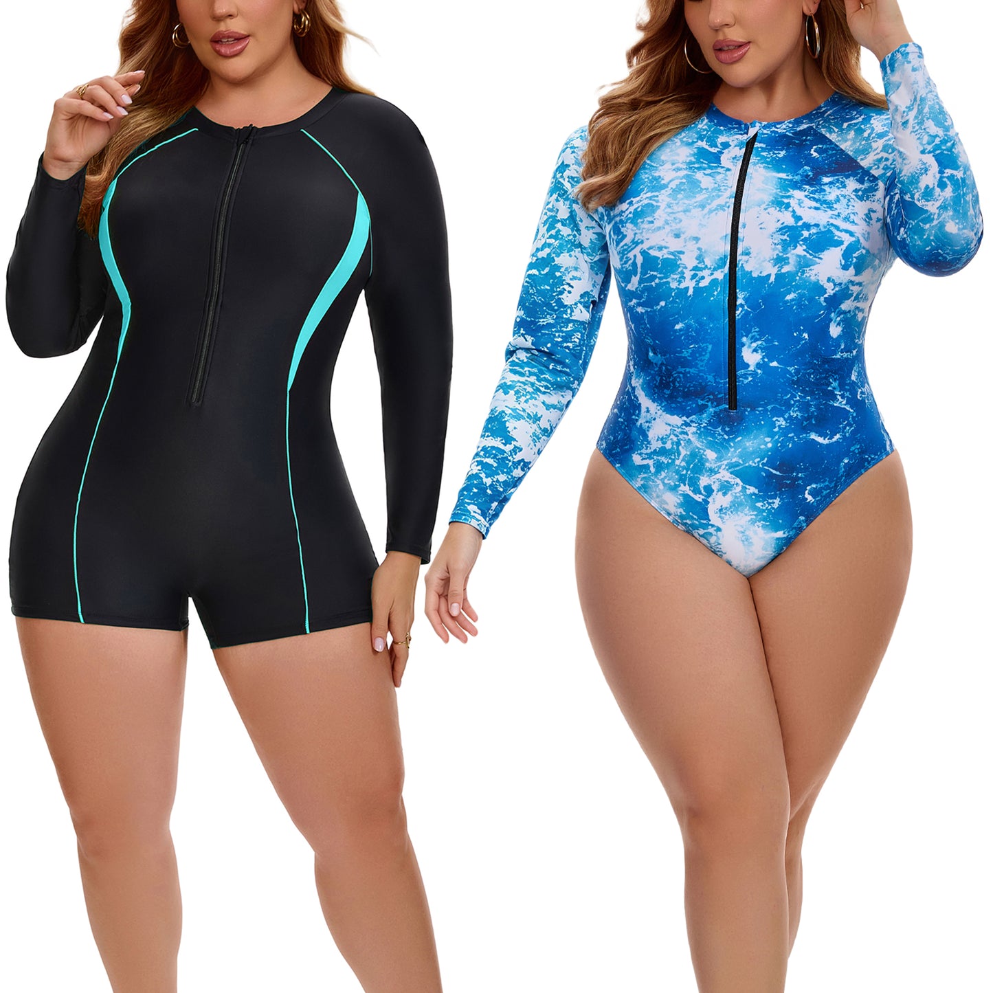 [PACK SALES] Women's Plus Size 2 Pieces Long Sleeve Surfing Bathing Suit Zip Front Rash Guard Beach Vacation Full Coverage One-Piece Swimsuits