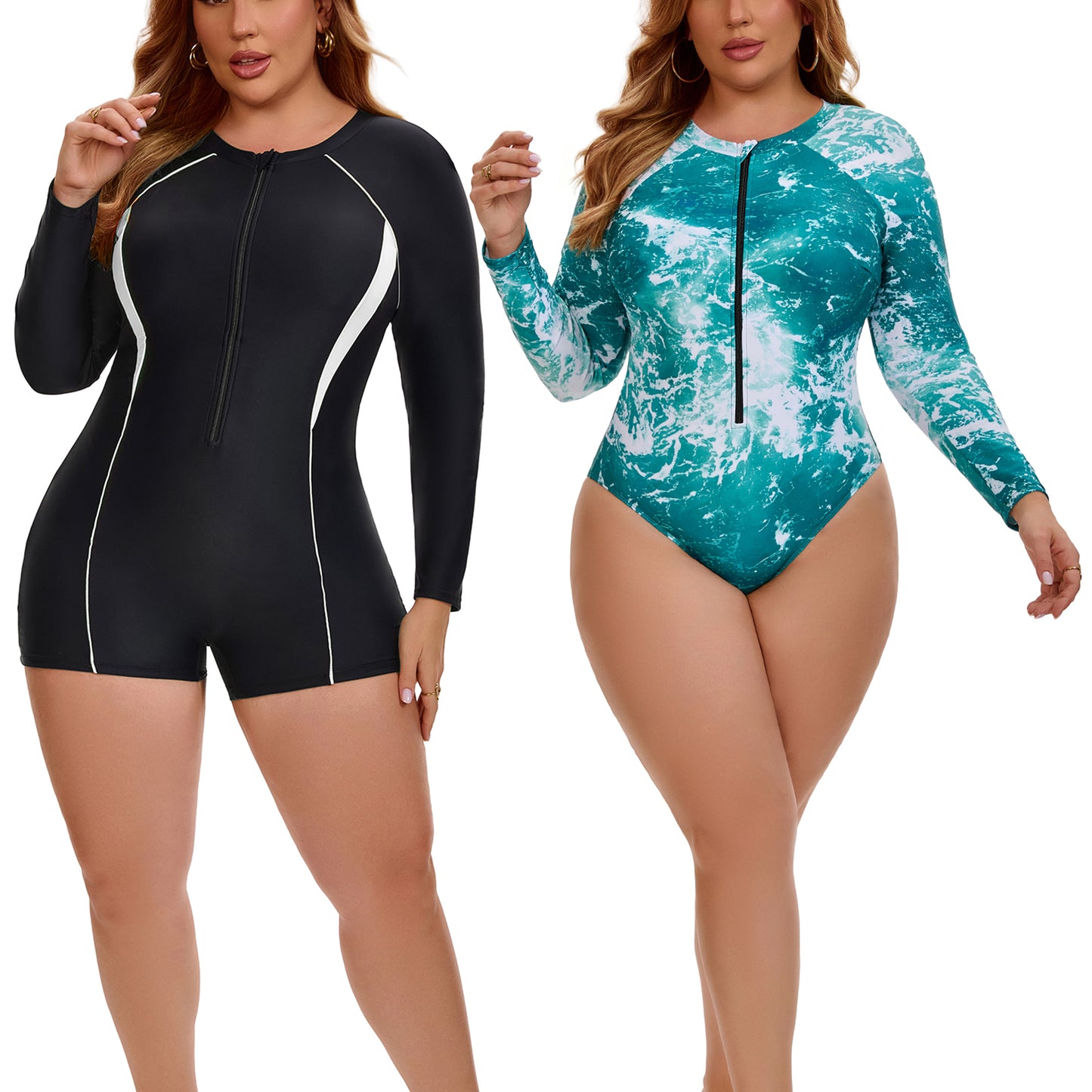 [PACK SALES] Women's Plus Size 2 Pieces Long Sleeve Surfing Bathing Suit Zip Front Rash Guard Beach Vacation Full Coverage One-Piece Swimsuits