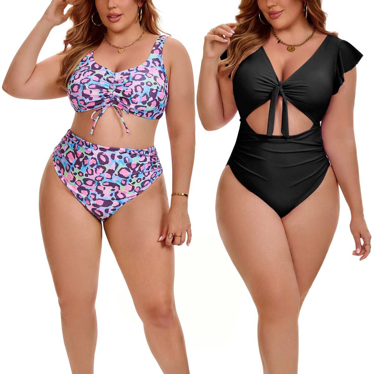 [PACK SALES] Women's Plus Size 2 Sets Bikini Drawstring Twist Front Push Up High Waisted Shirring Vacation Beach Swimsuit Set