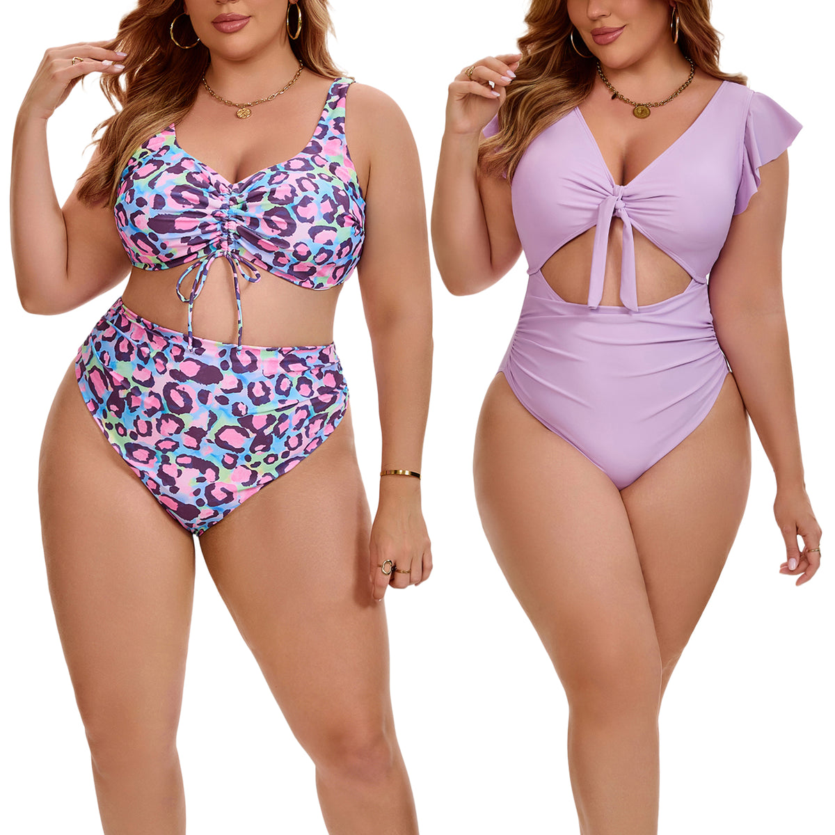 [PACK SALES] Women's Plus Size 2 Sets Bikini Drawstring Twist Front Push Up High Waisted Shirring Vacation Beach Swimsuit Set