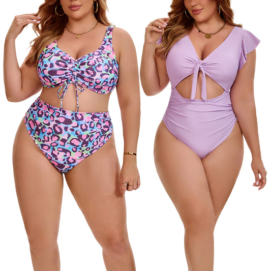 [PACK SALES] Women's Plus Size 2 Sets Bikini Drawstring Twist Front Push Up High Waisted Shirring Vacation Beach Swimsuit Set