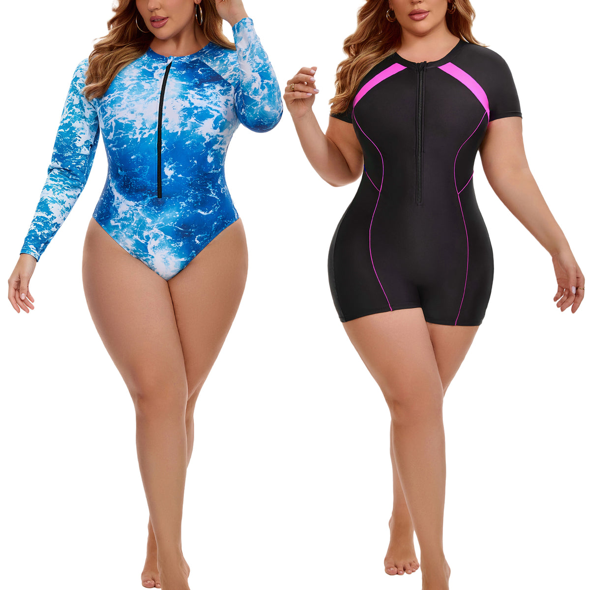 [PACK SALES] Women's Plus Size 2 Pieces Surfing Swimwear Rash Guard Half Zipper Beach Vacation Swimsuits