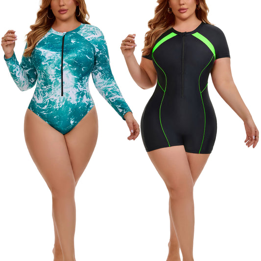 [PACK SALES] Women's Plus Size 2 Pieces Surfing Swimwear Rash Guard Half Zipper Beach Vacation Swimsuits