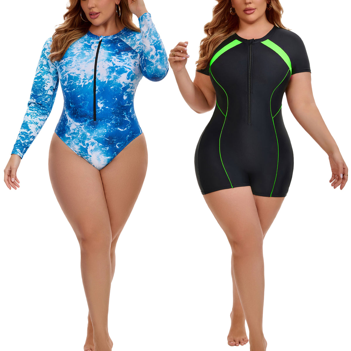 [PACK SALES] Women's Plus Size 2 Pieces Surfing Swimwear Rash Guard Half Zipper Beach Vacation Swimsuits