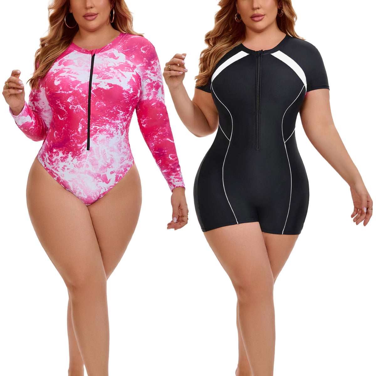 [PACK SALES] Women's Plus Size 2 Pieces Surfing Swimwear Rash Guard Half Zipper Beach Vacation Swimsuits