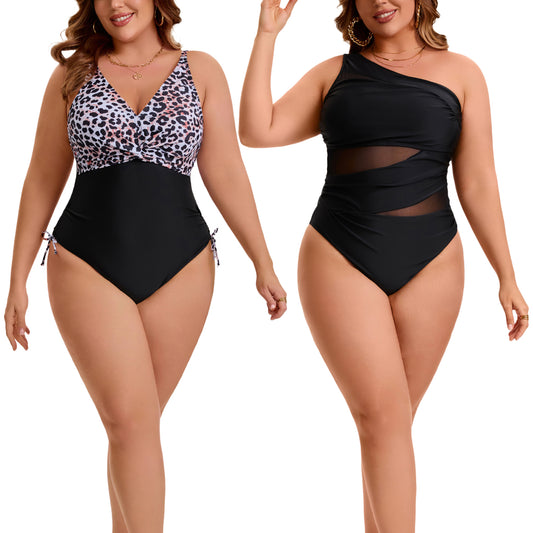 [PACK SALES] Women's Plus Size 2 Pieces Bathing Suit See Through Mesh One Shoulder and V Neck Adjustable Push Up Swimsuit Cut Out Beach One-Piece Swimwear
