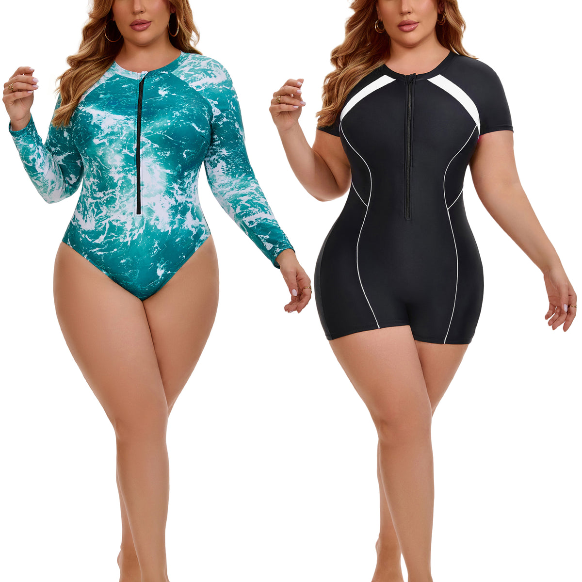 [PACK SALES] Women's Plus Size 2 Pieces Surfing Swimwear Rash Guard Half Zipper Beach Vacation Swimsuits