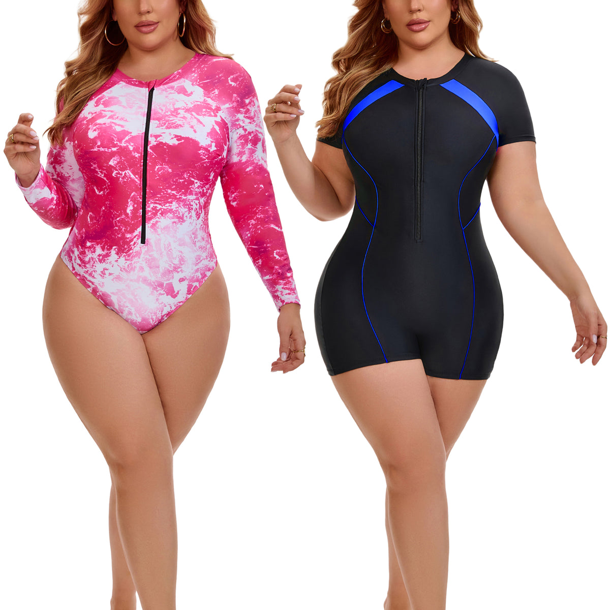 [PACK SALES] Women's Plus Size 2 Pieces Surfing Swimwear Rash Guard Half Zipper Beach Vacation Swimsuits