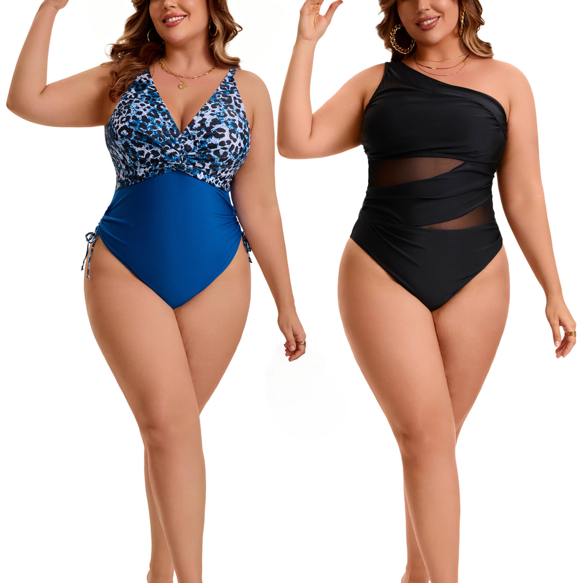 [PACK SALES] Women's Plus Size 2 Pieces Bathing Suit See Through Mesh One Shoulder and V Neck Adjustable Push Up Swimsuit Cut Out Beach One-Piece Swimwear