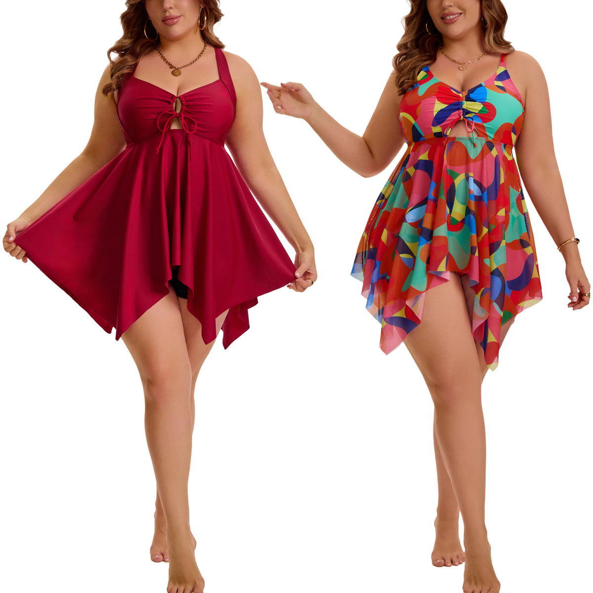 [PACK SALES] Women's Plus Size 2 Sets Swimsuit Sets Beach Bathing Suit Mesh Flowy Cutout Adjustable Tankini Top with Shorts
