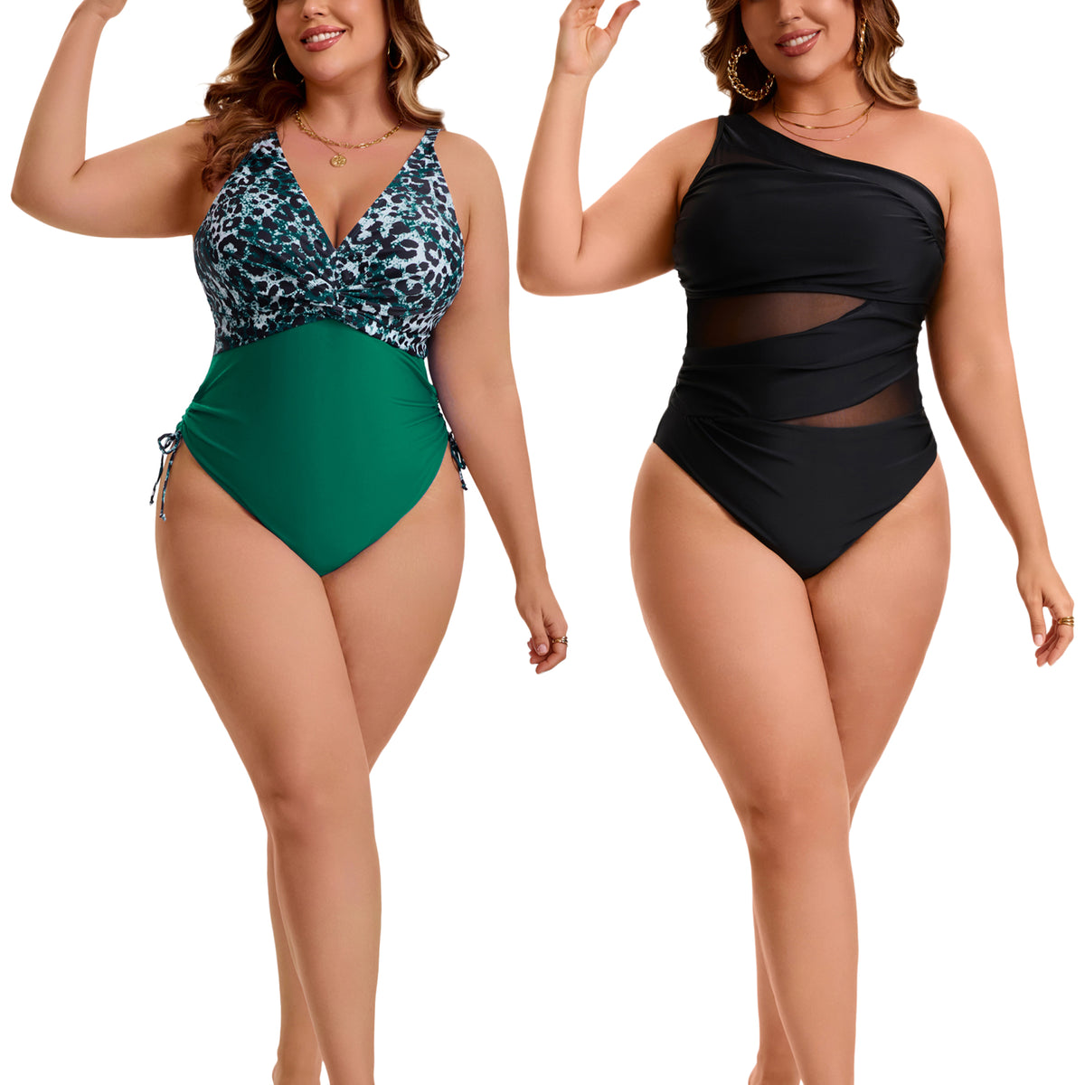 [PACK SALES] Women's Plus Size 2 Pieces Bathing Suit See Through Mesh One Shoulder and V Neck Adjustable Push Up Swimsuit Cut Out Beach One-Piece Swimwear