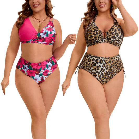 [PACK SALES] Women's Plus Size Two Sets Bikini Sets Halter Back Self Tie Curvy Cutout String Beach Pool Bathing Suit Swimsuit