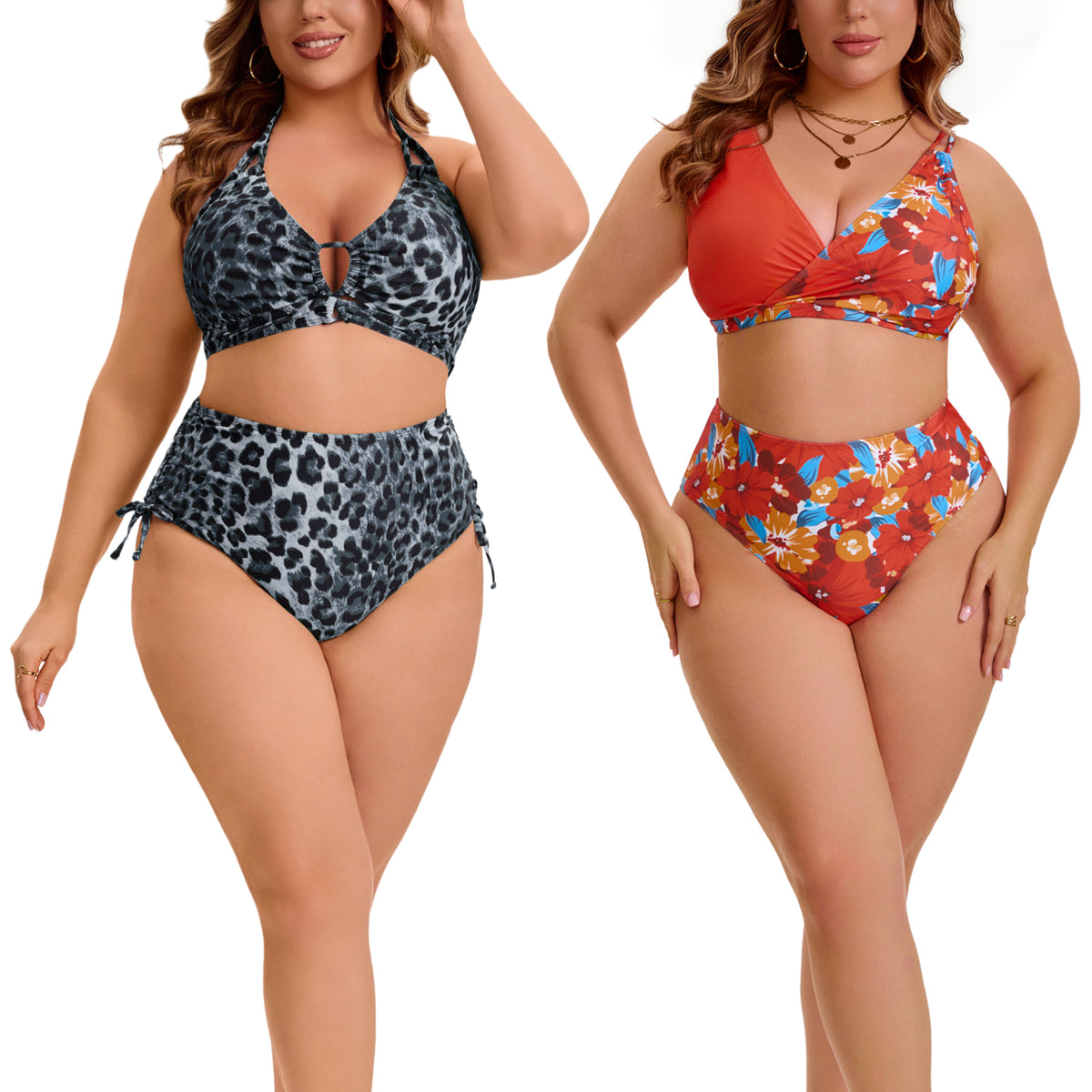[PACK SALES] Women's Plus Size Two Sets Bikini Sets Halter Back Self Tie Curvy Cutout String Beach Pool Bathing Suit Swimsuit