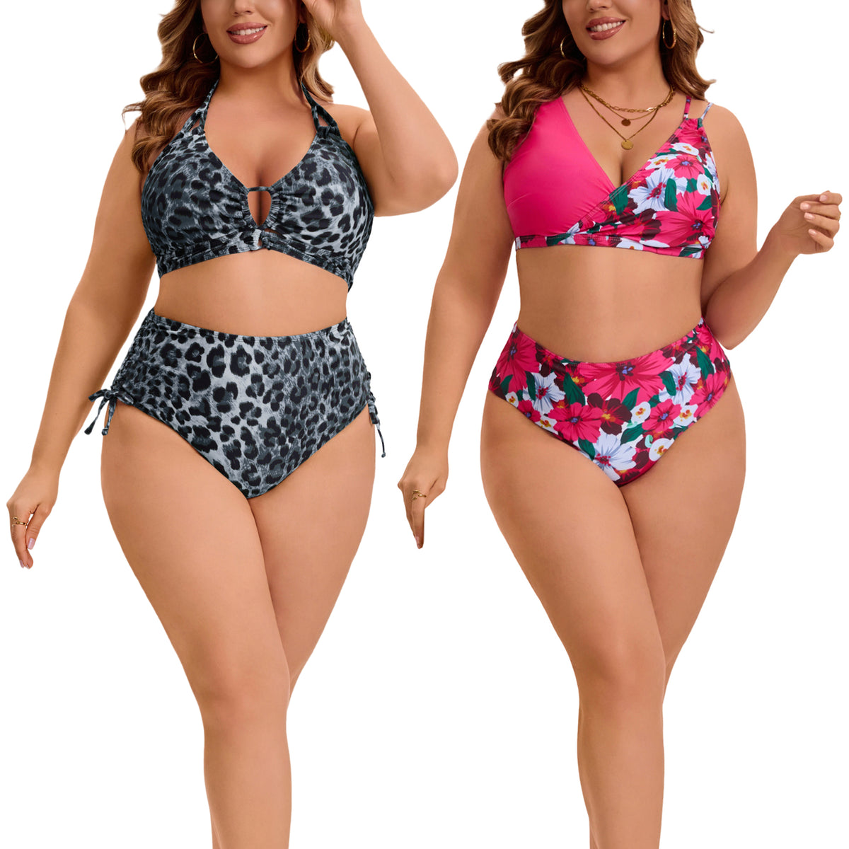 [PACK SALES] Women's Plus Size Two Sets Bikini Sets Halter Back Self Tie Curvy Cutout String Beach Pool Bathing Suit Swimsuit