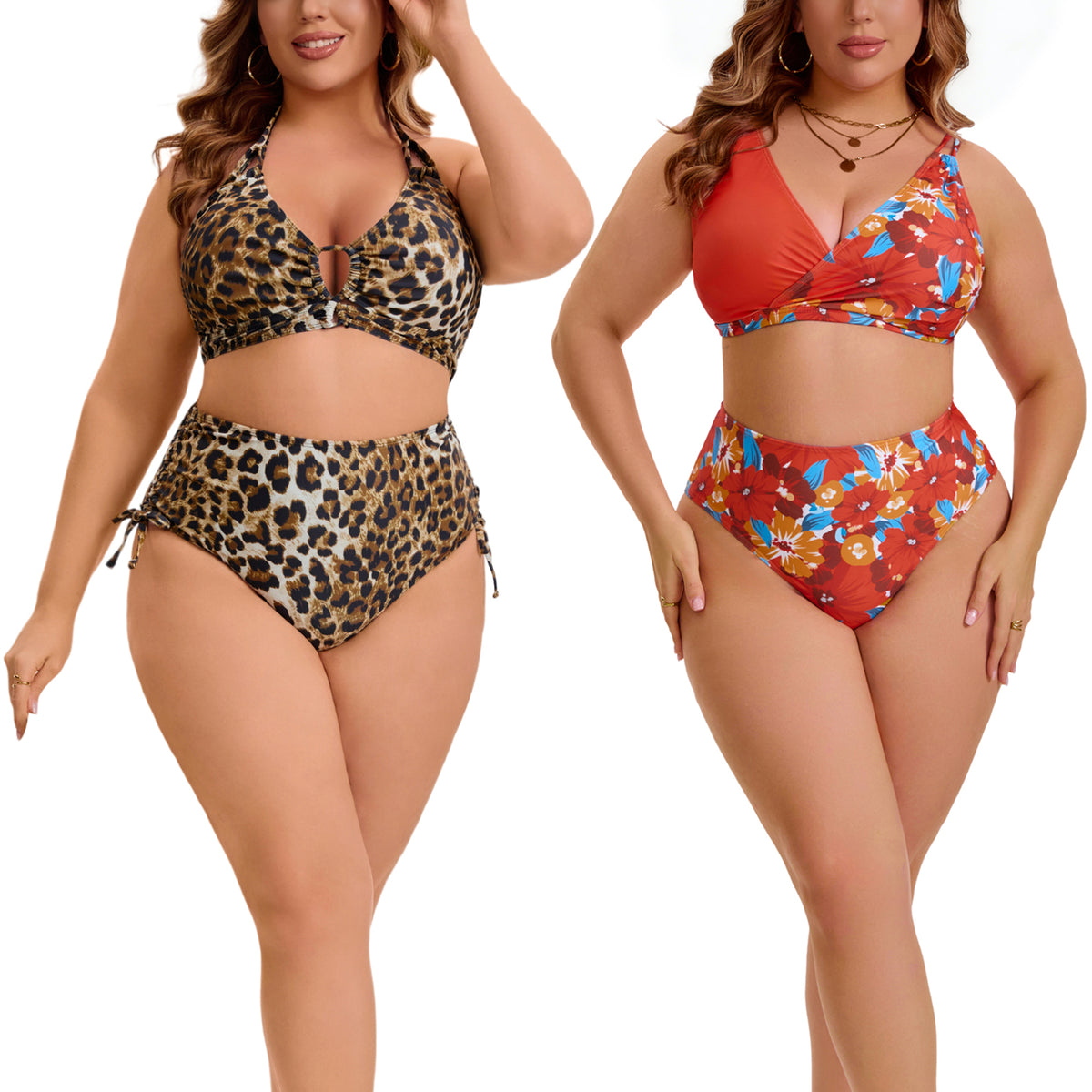 [PACK SALES] Women's Plus Size Two Sets Bikini Sets Halter Back Self Tie Curvy Cutout String Beach Pool Bathing Suit Swimsuit