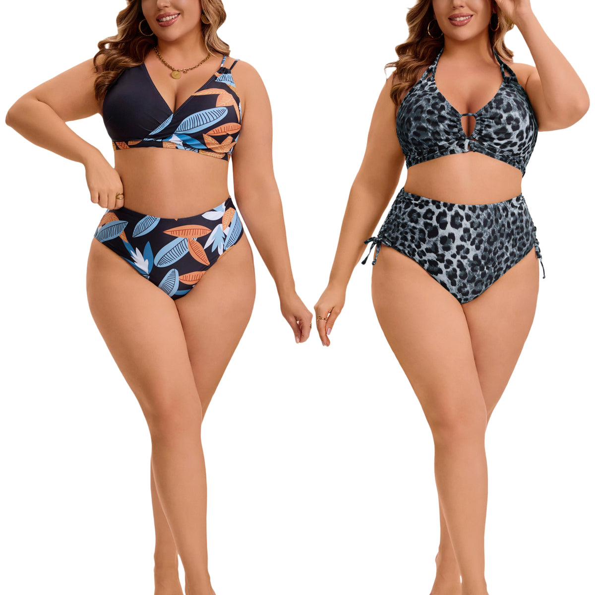 [PACK SALES] Women's Plus Size Two Sets Bikini Sets Halter Back Self Tie Curvy Cutout String Beach Pool Bathing Suit Swimsuit
