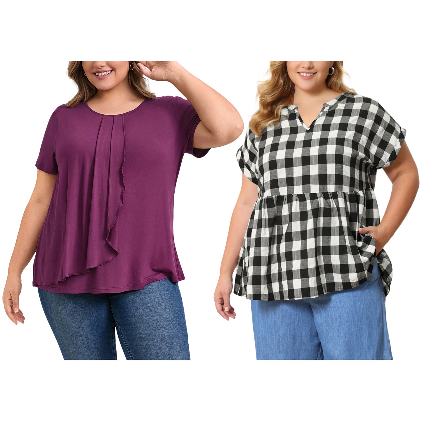 [PACK SALES] Women's Plus Size 2 Piecs Summer Tops Pleated Short Sleeve Round Neck Blouses Plaid Peplum Blouse
