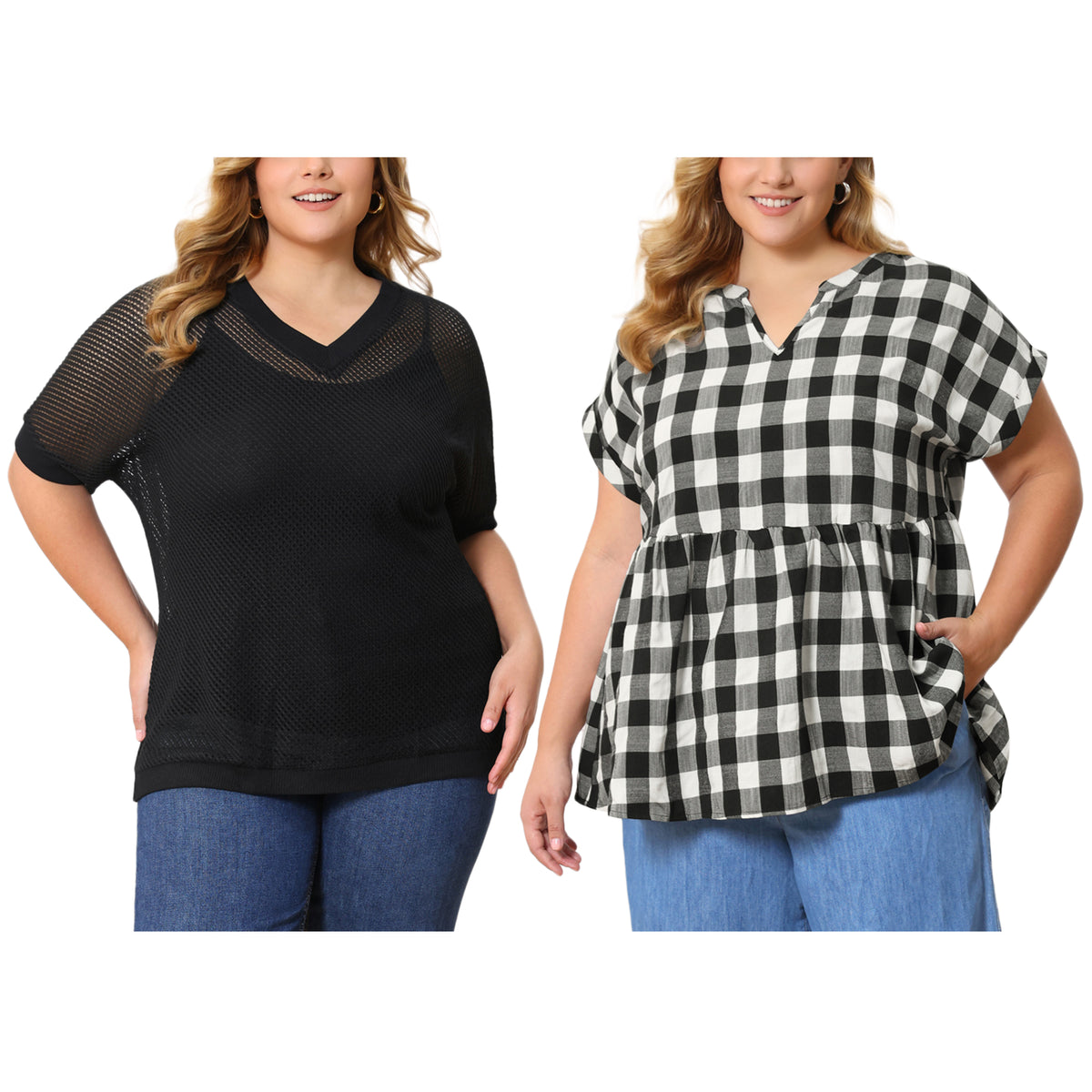 [PACK SALES] Women's Plus Size 2 Pieces Summer Tops Plaid Crochet Side Slit Half Sleeves V Neck Loose Waffle Knit Casual Blouses