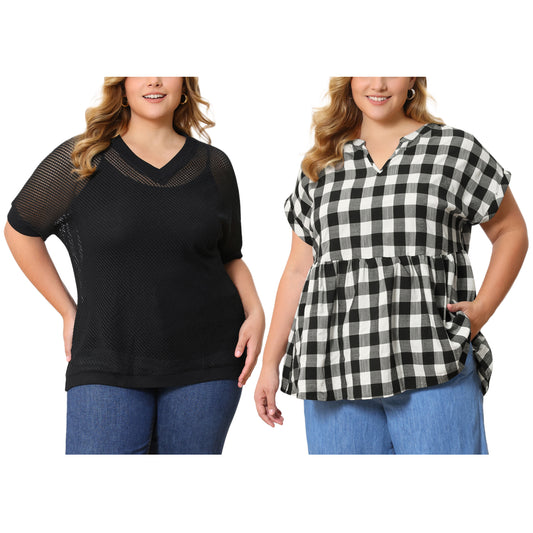 [PACK SALES] Women's Plus Size 2 Pieces Summer Tops Plaid Crochet Side Slit Half Sleeves V Neck Loose Waffle Knit Casual Blouses