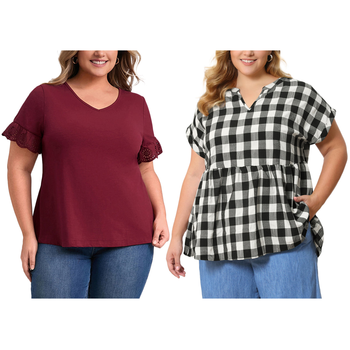 [PACK SALES] Women's Plus Size 2 Pieces Tops V Neck Eyelet Embroidered Lace Short Sleeves Blouses