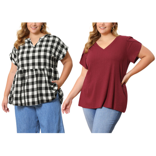 [PACK SALES] Women's Plus Size 2 Pieces Top Summer Solid V Neck Tulip Sleeve and Plaid Loose Casual Blouses