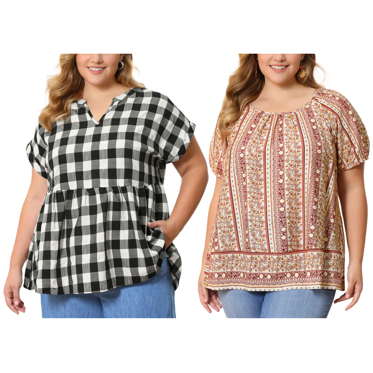 [PACK SALES] Women's Plus Size 2 Pieces Summer Tops Boho Floral Round Neck Vacation and Plaid Notched V-Neck Blouse