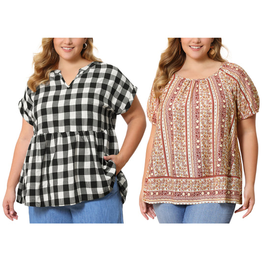 [PACK SALES] Women's Plus Size 2 Pieces Summer Tops Boho Floral Round Neck Vacation and Plaid Notched V-Neck Blouse