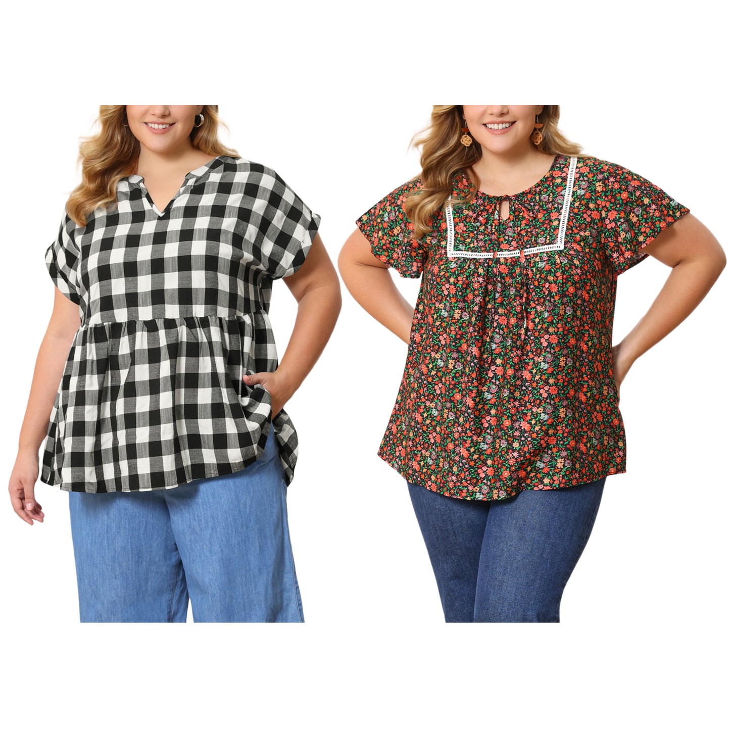 [PACK SALES] Women's Plus Size 2 Pieces Blouse Pleats and Pintucked Trim Front Tie Neck Tops Short Sleeves Summer Blouses