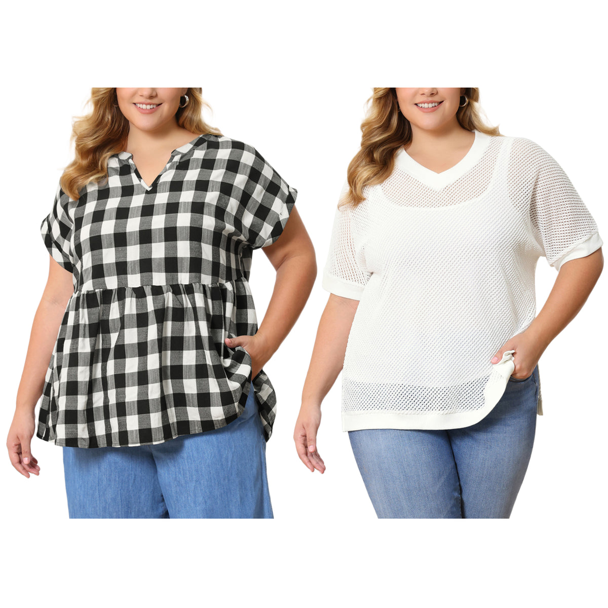 [PACK SALES] Women's Plus Size 2 Pieces Summer Tops Plaid Crochet Side Slit Half Sleeves V Neck Loose Waffle Knit Casual Blouses