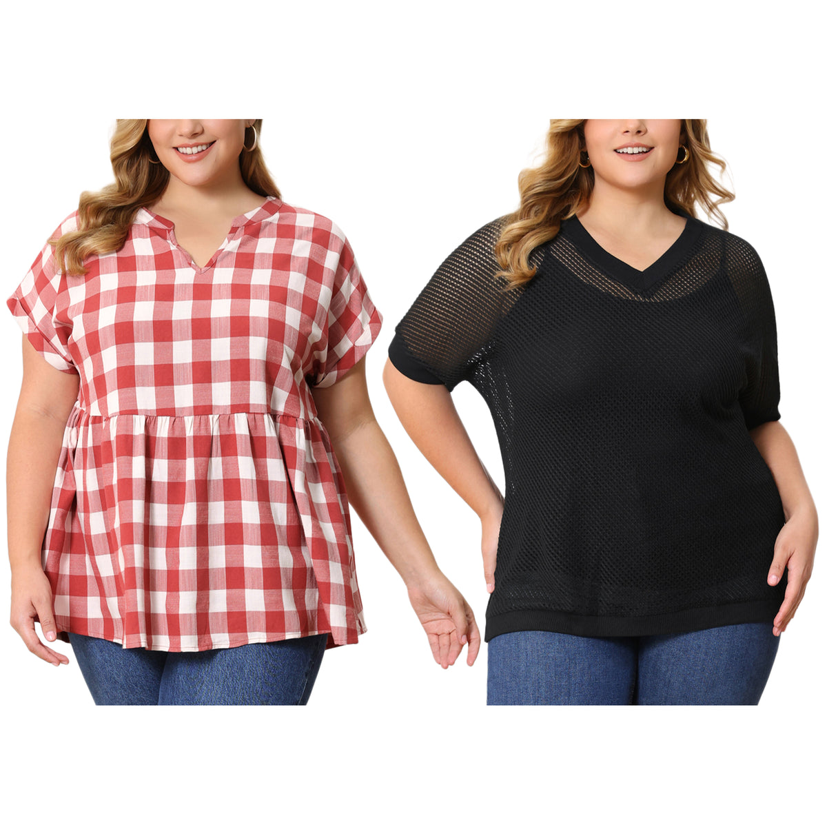 [PACK SALES] Women's Plus Size 2 Pieces Summer Tops Plaid Crochet Side Slit Half Sleeves V Neck Loose Waffle Knit Casual Blouses