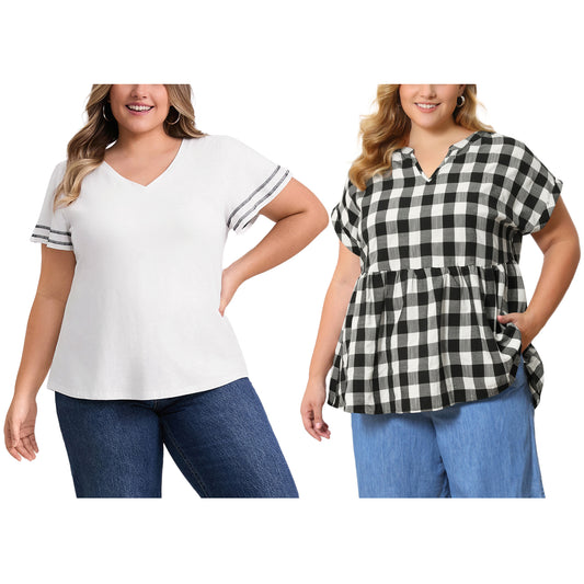 [PACK SALES] Women's Plus Size 2 Pieces Tops V Neck Short Sleeves Striped Contrasting Colors Blouses Plaid Peplum Blouse