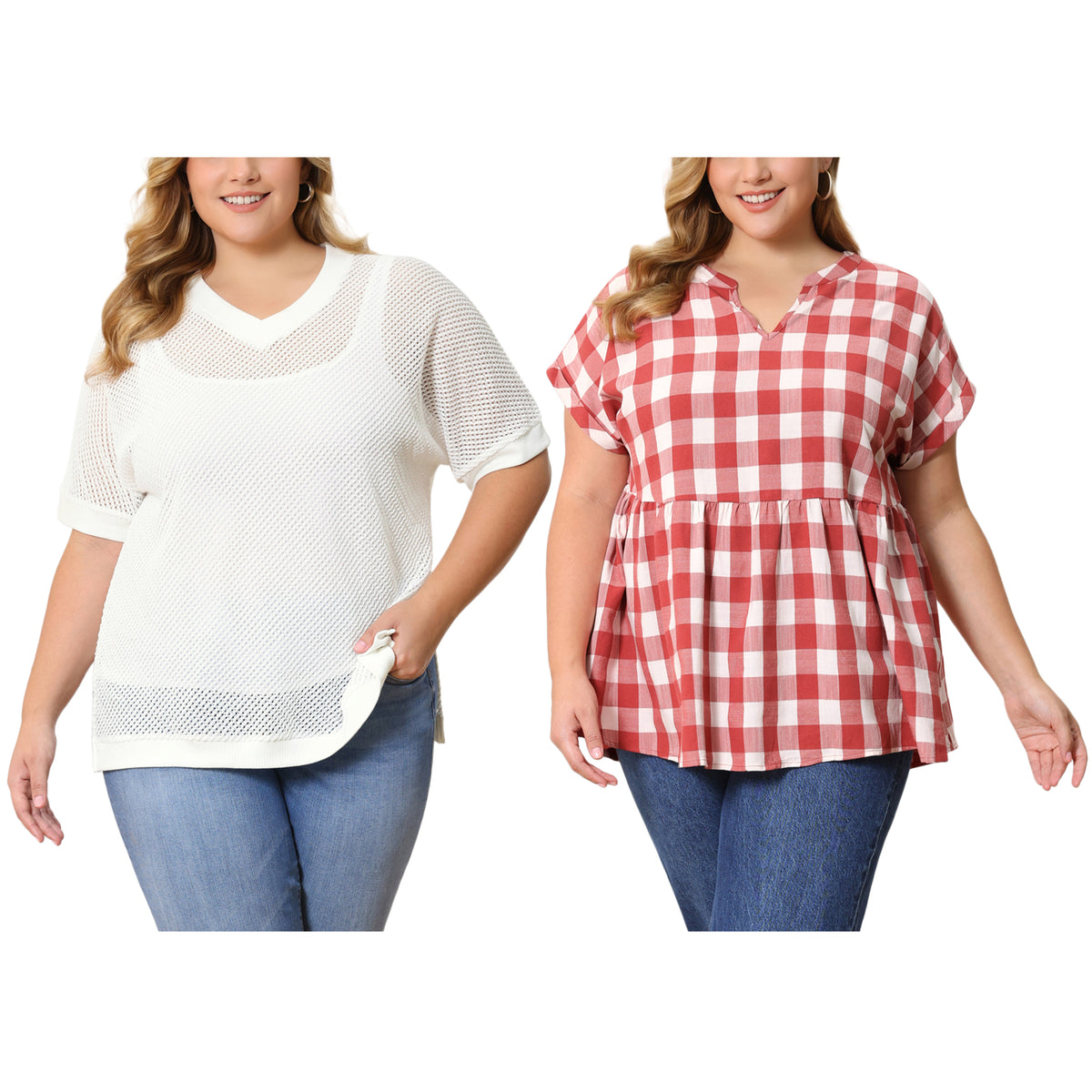 [PACK SALES] Women's Plus Size 2 Pieces Summer Tops Plaid Crochet Side Slit Half Sleeves V Neck Loose Waffle Knit Casual Blouses