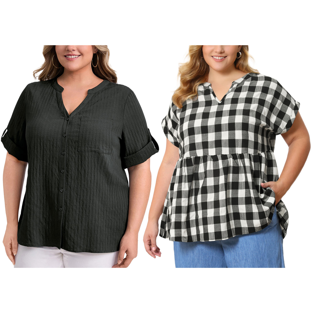 [PACK SALES] Women's Plus Size 2 Pieces Tops Palid Peplum Blouse Mandarin Collar V Neck Short Sleeves Button Blouse with Pocket