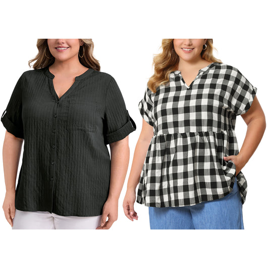 [PACK SALES] Women's Plus Size 2 Pieces Tops Palid Peplum Blouse Mandarin Collar V Neck Short Sleeves Button Blouse with Pocket