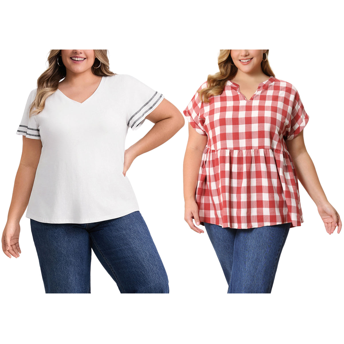 [PACK SALES] Women's Plus Size 2 Pieces Tops V Neck Short Sleeves Striped Contrasting Colors Blouses Plaid Peplum Blouse