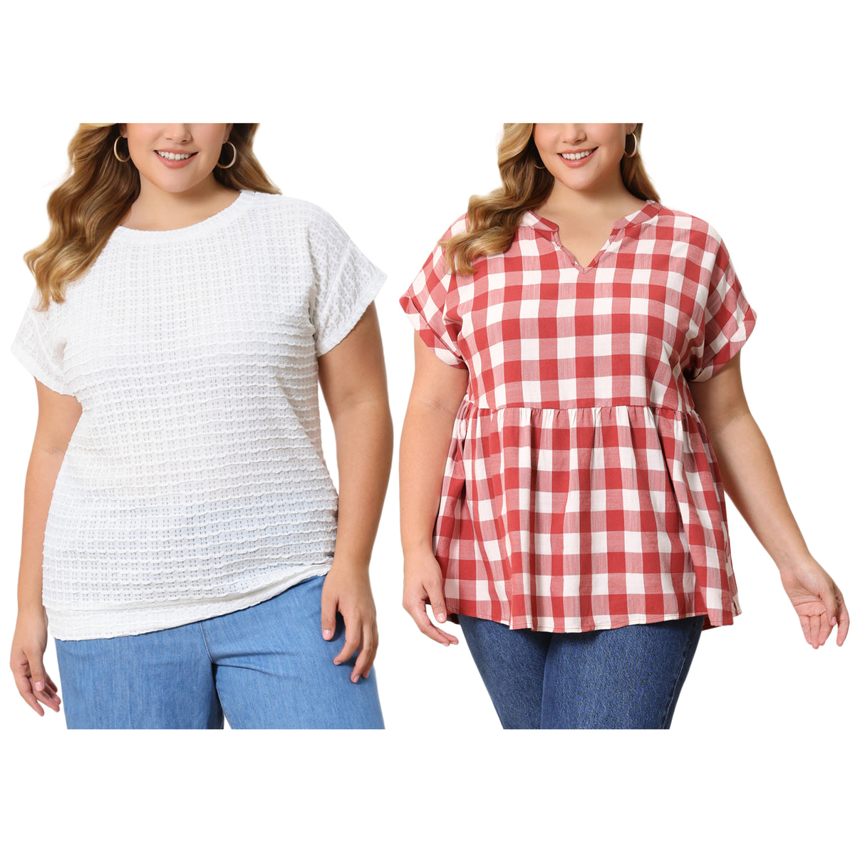 [PACK SALES] Women's Plus Size 2 Pieces Summer Tops Pointelle Knit Hollow Crew Neck Plaid Notched V-Neck Blouse