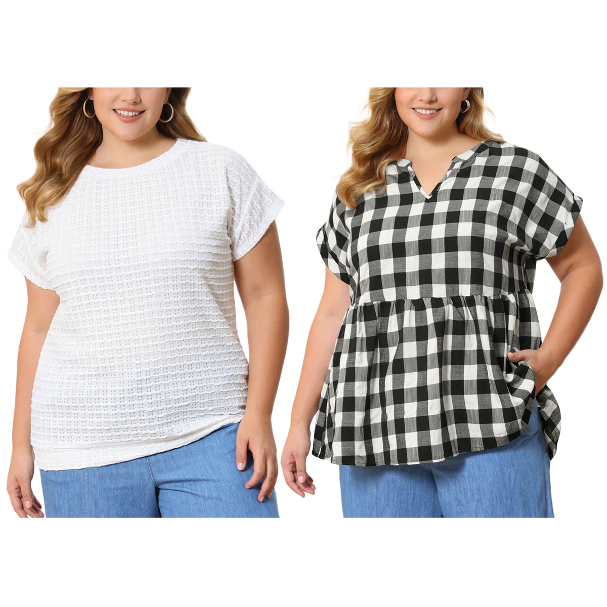 [PACK SALES] Women's Plus Size 2 Pieces Summer Tops Pointelle Knit Hollow Crew Neck Plaid Notched V-Neck Blouse