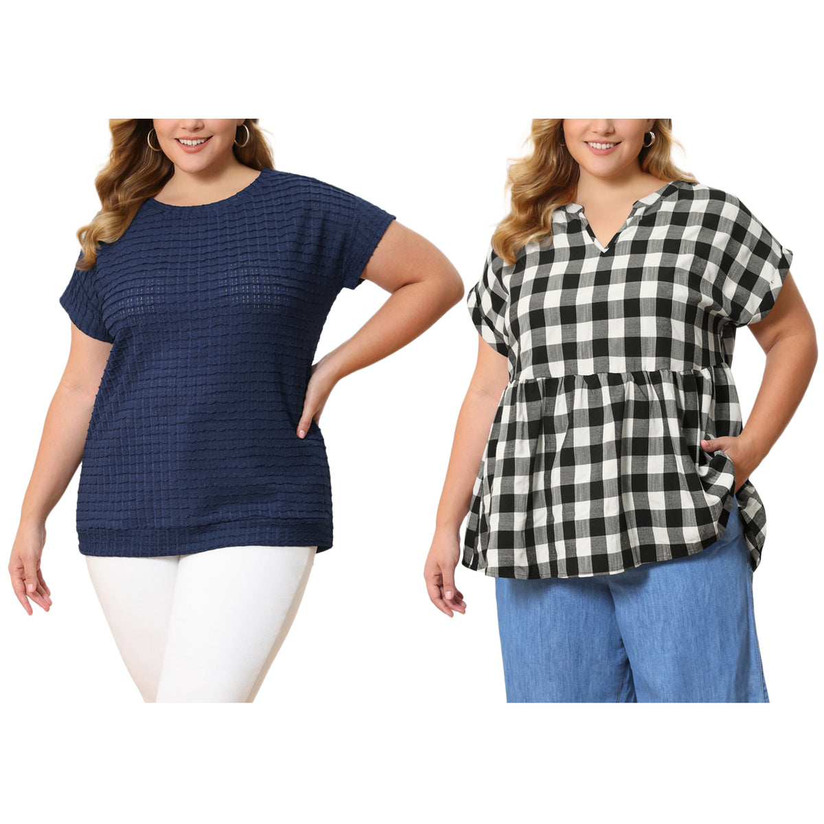 [PACK SALES] Women's Plus Size 2 Pieces Summer Tops Pointelle Knit Hollow Crew Neck Plaid Notched V-Neck Blouse