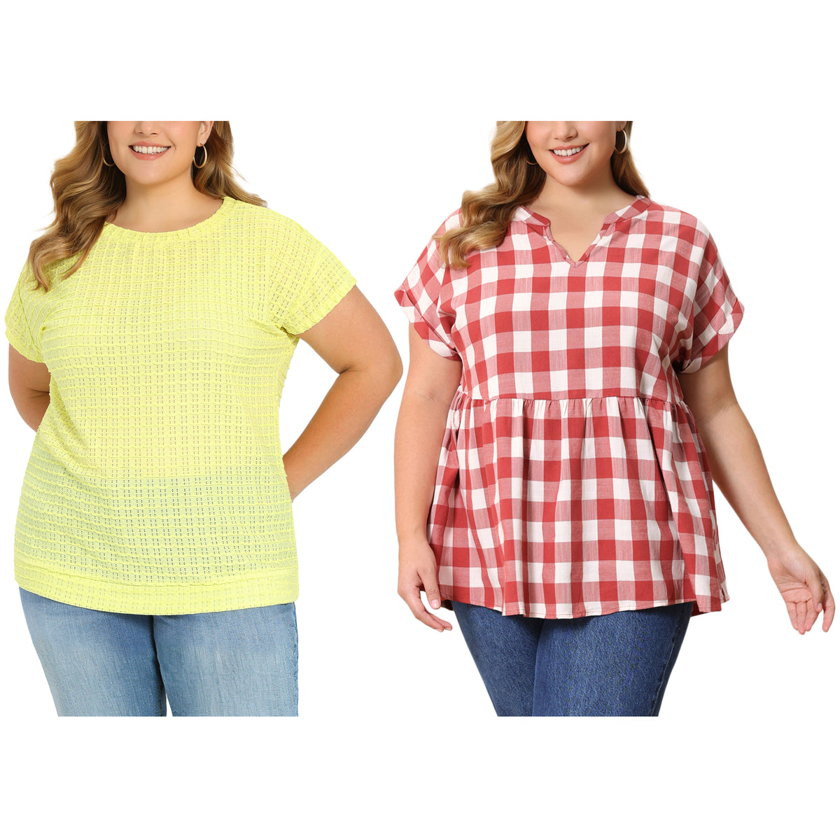 [PACK SALES] Women's Plus Size 2 Pieces Summer Tops Pointelle Knit Hollow Crew Neck Plaid Notched V-Neck Blouse