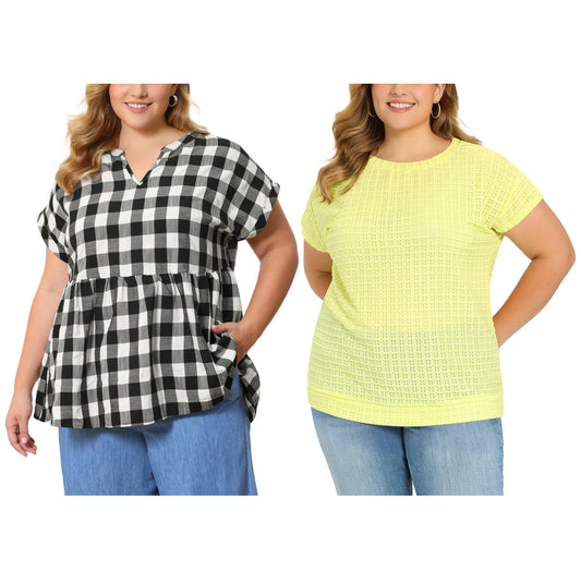 [PACK SALES] Women's Plus Size 2 Pieces Summer Tops Pointelle Knit Hollow Crew Neck Plaid Notched V-Neck Blouse