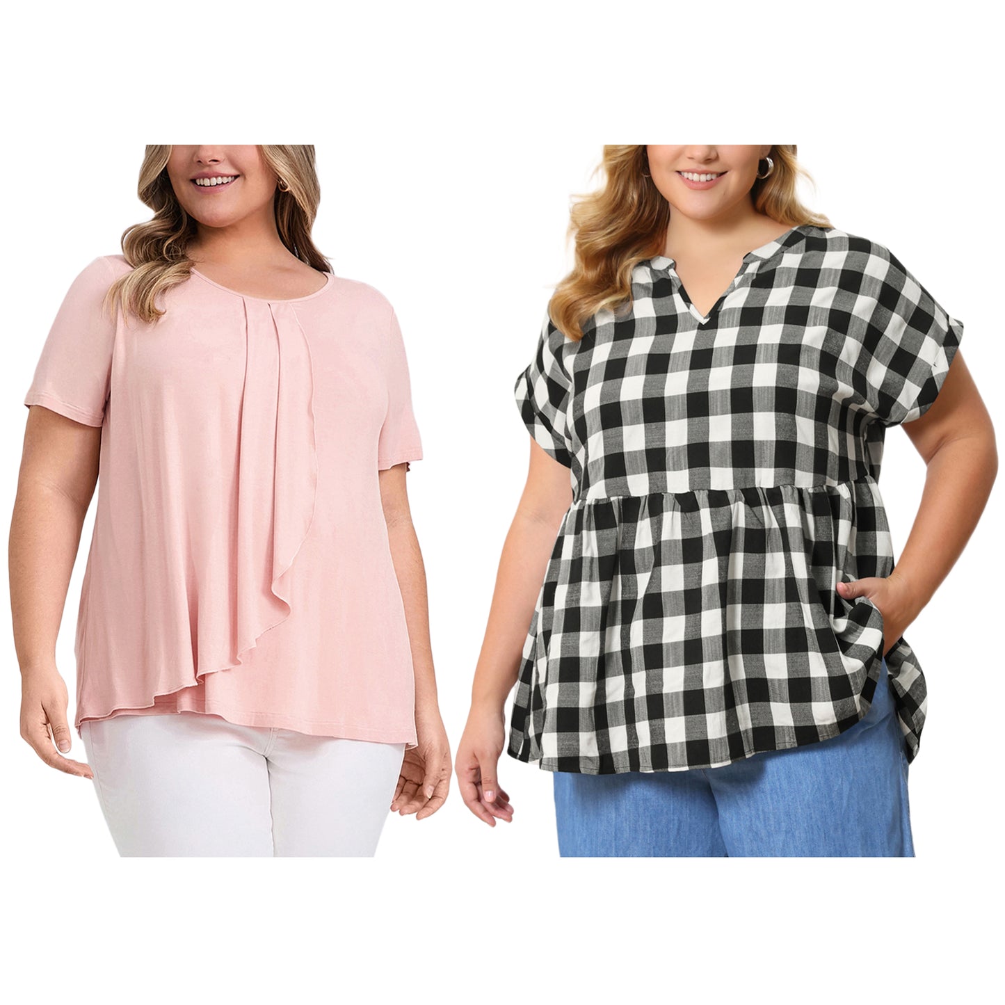 [PACK SALES] Women's Plus Size 2 Piecs Summer Tops Pleated Short Sleeve Round Neck Blouses Plaid Peplum Blouse