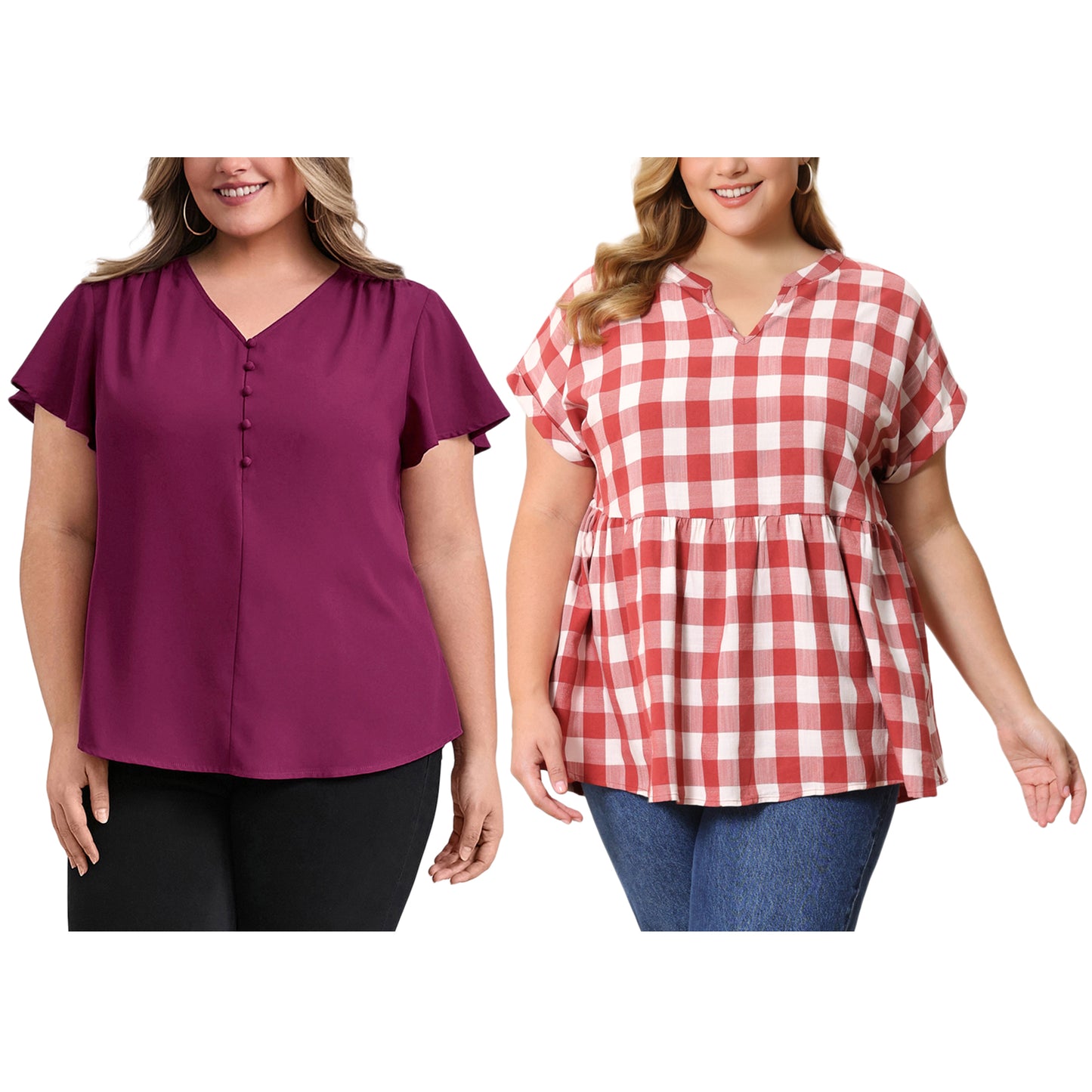 [PACK SALES] Women's Plus Size 2 Pieces Tops V Neck Short Sleeves Pleated Casual Loose Fit Blouses
