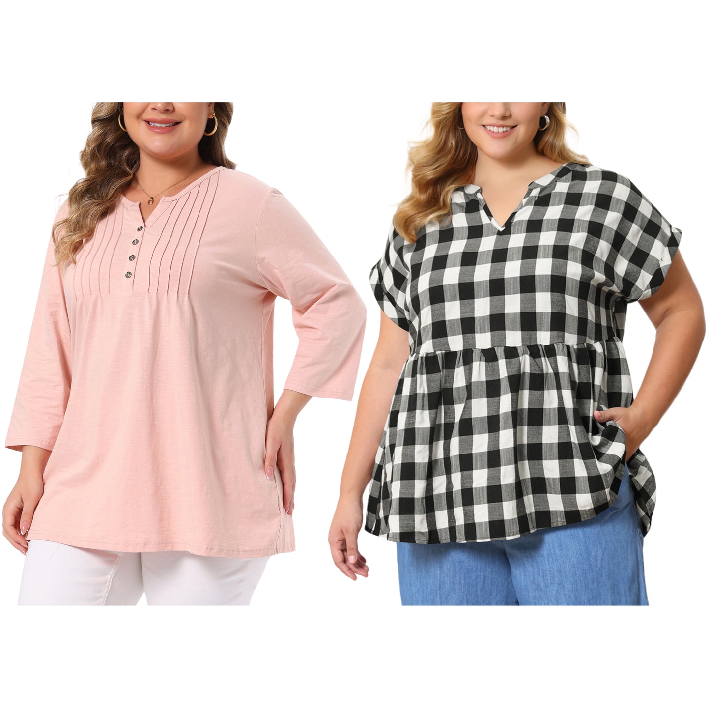 [PACK SALES] Women's Plus Size 2 Pieces Pleated Notched V Neck 3/4 Sleeves Henley Button Decor Tunic Tops Plaid Peplum Blouses