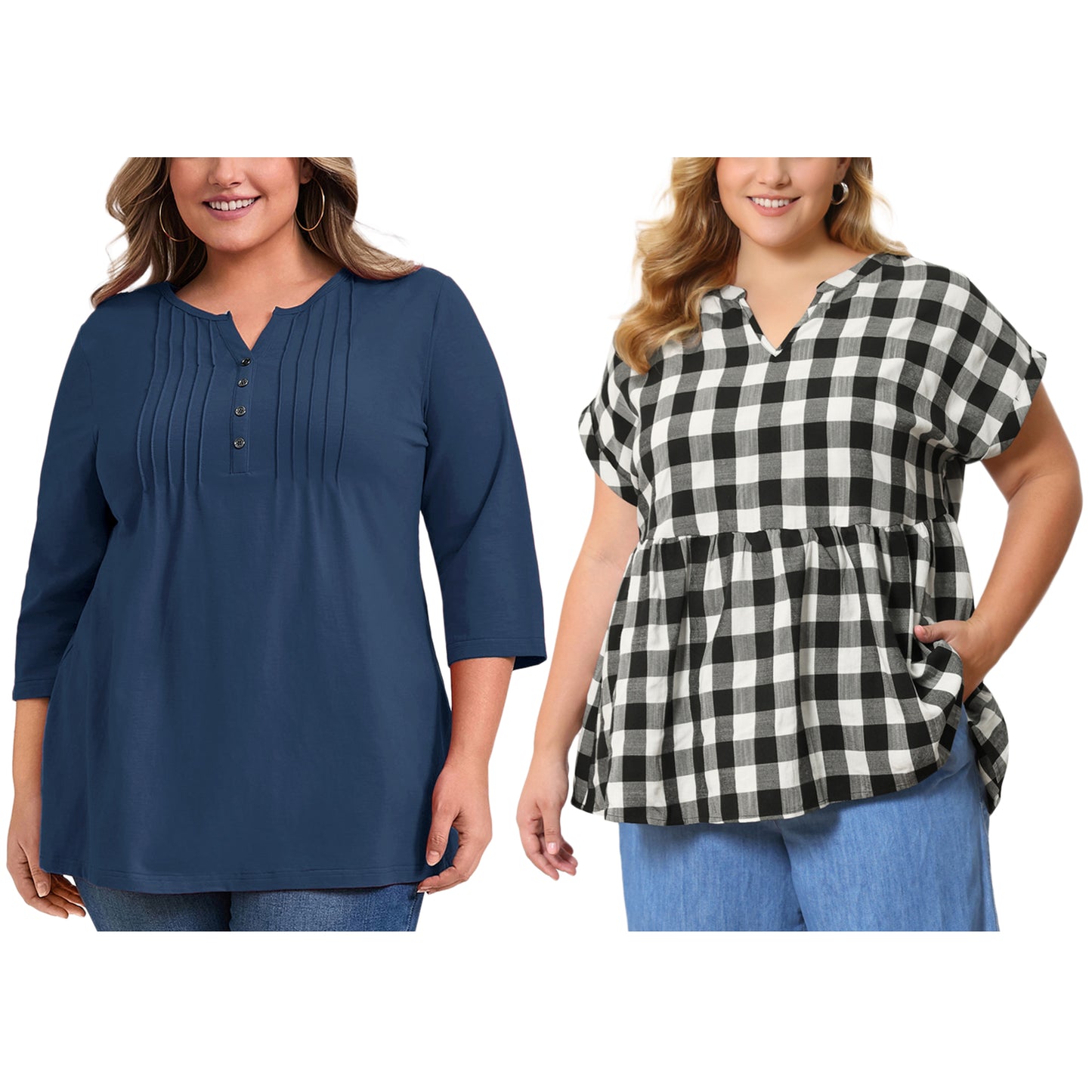 [PACK SALES] Women's Plus Size 2 Pieces Pleated Notched V Neck 3/4 Sleeves Henley Button Decor Tunic Tops Plaid Peplum Blouses