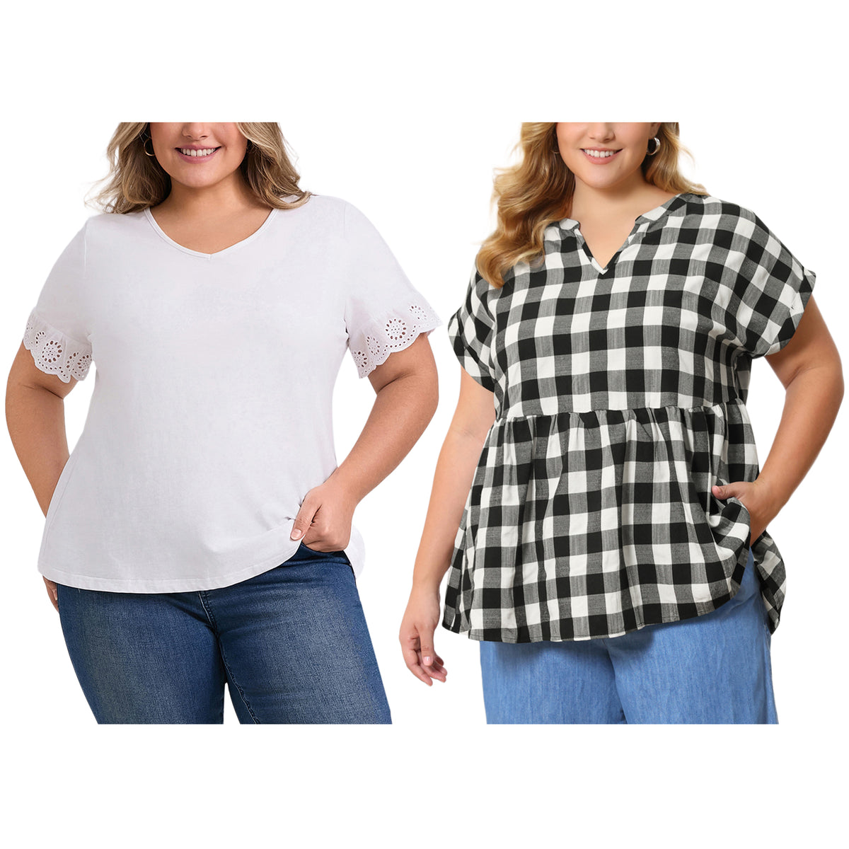 [PACK SALES] Women's Plus Size 2 Pieces Tops V Neck Eyelet Embroidered Lace Short Sleeves Blouses