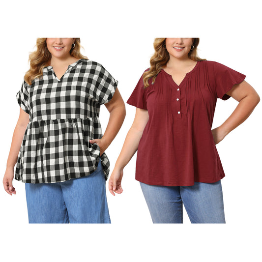 [PACK SALES] Women's Plus Size 2 Pieces Tops Pintuck Front Short Sleeves Notch V Neck Blouses
