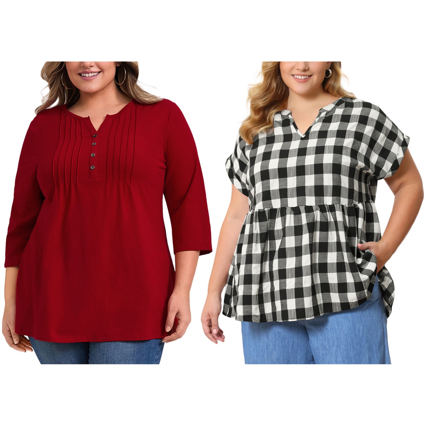 [PACK SALES] Women's Plus Size 2 Pieces Pleated Notched V Neck 3/4 Sleeves Henley Button Decor Tunic Tops Plaid Peplum Blouses